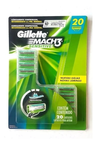 Gillette Cartuchos Mach3 Sensitive, 20 Piezas