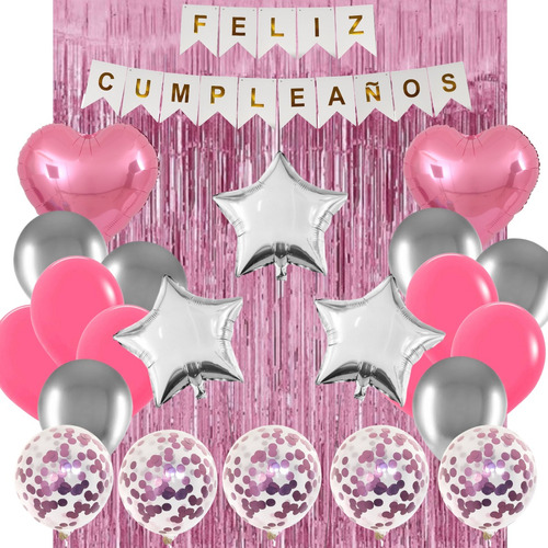 Combo Globos Deco Fiesta Cumple Completo Rosa Plata