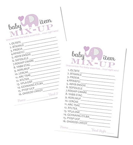 Purple Elephant Baby Shower Game Word Scramble (paquete De 2