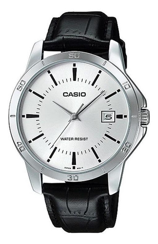 Reloj Pulsera Casio Enticer Mtp-v004 De Cuerpo Color Plata, Analógica, Para Hombre, Fondo Blanco, Con Correa De Cuero Color Negro, Agujas Color Plata, Dial Negro, Minutero/segundero Negro, Bisel Color