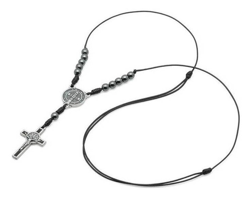Colar Dezena Hematita 6mm Com Cruz De São Bento