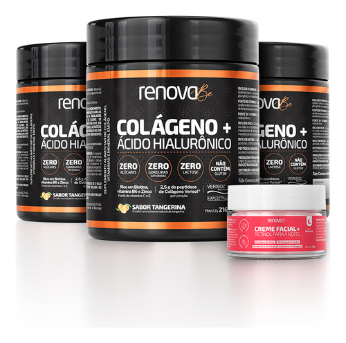 Kit 3 Colágenos Com Ácido Hialurônico E Biotina Sabor 3 Tangerina Renova Be