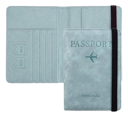 Billetera Y Tarjetero Porta Pasaporte Para Viajes Con Rfid Color Azul Diseño de la tela Cuero Sintético
