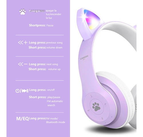 Audifonos Orejas De Gato Bluetooth 5.1 Led Diadema Ninos Color Violeta