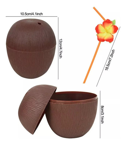 6 Tazas De Coco Para Fiesta Tropical Hawaiana, Fiesta En La