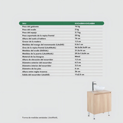 Mueble Para Baño Gabinete Con Espejo Lavabo Completo Color Haya Fibra De Madera MFC Con Puerta Frontal Repisa Llave Monomando Escurridor Y Ovalín De Cerámica KingsHouse