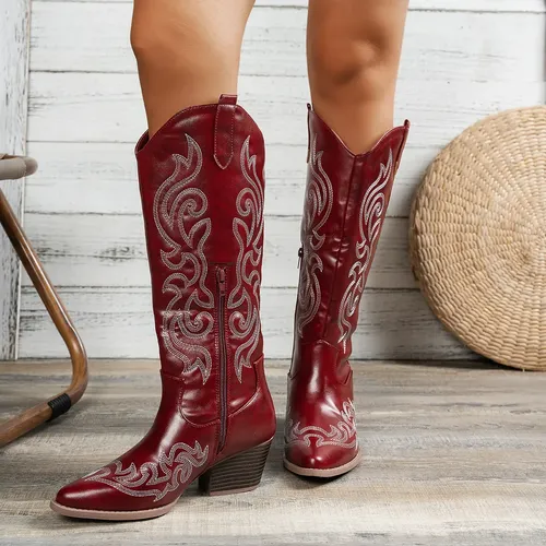 Botas Femininas Bordadas Em Vermelho Western Cowboy Até O Jo ...