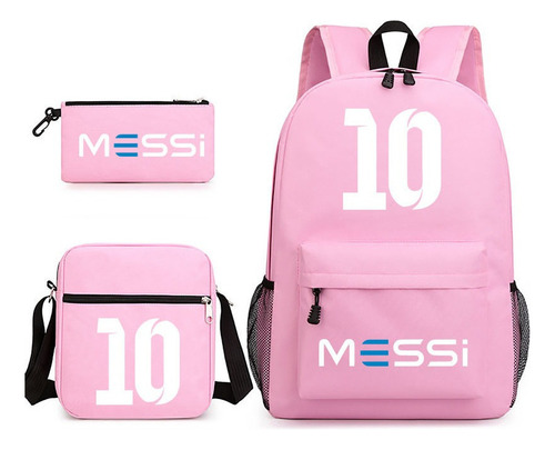Conjunto de 3 mochilas Lionel Messi 10 de 2023, unissex, bolsa de lápis e lancheira, design de tecido liso de cor rosa Oxford