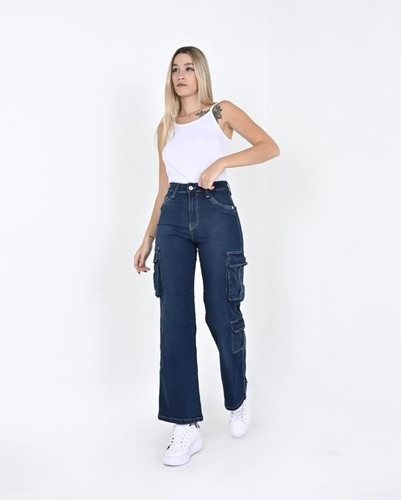 Jean Wide Leg Cargo Elastizado Costuras Blancas Diva