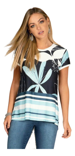 Blusa Blusinha Mullet Alongada Estampa Floral Azul Feminina