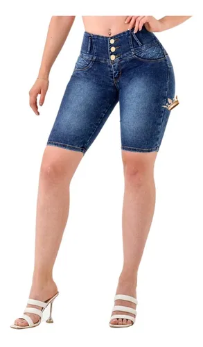 Short Largo Bermuda Biker Para Dama De Mezclilla Push Up Rg
