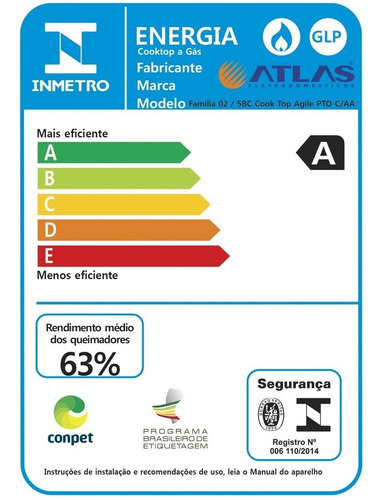 Fogão Cooktop 5 Bocas Atlas Agile Mega Chama Preto Bivolt