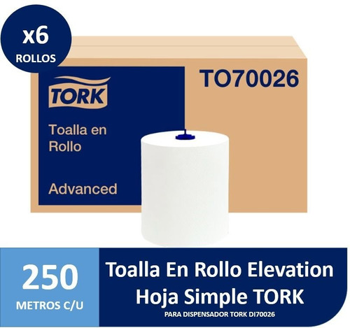 Toalla En Rollo Autocorte Jumbo Tork Hoja Simple 6 X 250 Mts