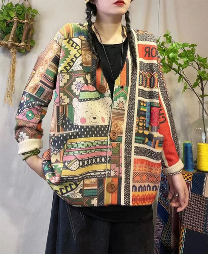 Cárdigan De Punto Con Cuello En V Y Estampado Floral Para Mu