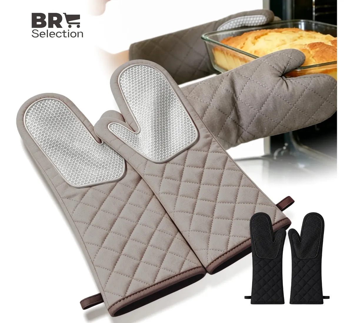 BR Selection® Luva Termica Alta Temperatura Até 500 43cm Luva De Cozinha De Manga Longa Luva De Silicone Antiderrapante Marrom Café