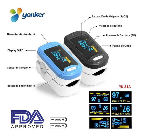 Imagen 4 de 7 de Oxímetro Pulso Dedo Yonker Negro Médico Profesional - S020