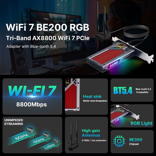 Tarjeta De Red Fenvi Be8800rgb 8774mbps Wifi 7 2,4g/5g/6ghz