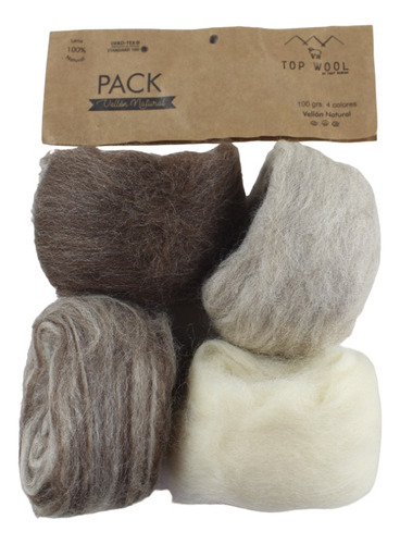 Pack De Vellón Natural 4 Colores. 100 Grs De Top Wool