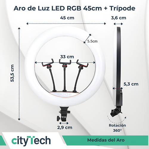 Aro De Luz 45cm Rgb Profesional 3 Soportes Celular + Trípode Negro