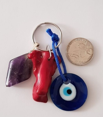 Llavero Dije Amuleto Proteción Coral Rojo/amatista/ojo Turco Azul