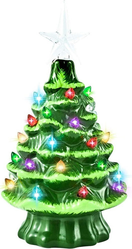 Árbol De Navidad Cerámica 22cm Pintado A Mano Con 32 Luces
