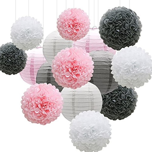 Pompon De Papel Color Rosa-gris-blanco 15 Piezas. Marca Pyle