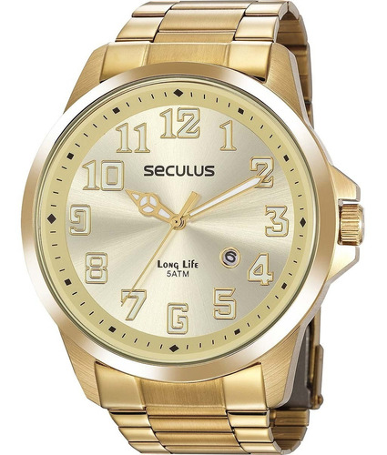 Relógio Seculus Masculino Dourado Grande Long Life Original