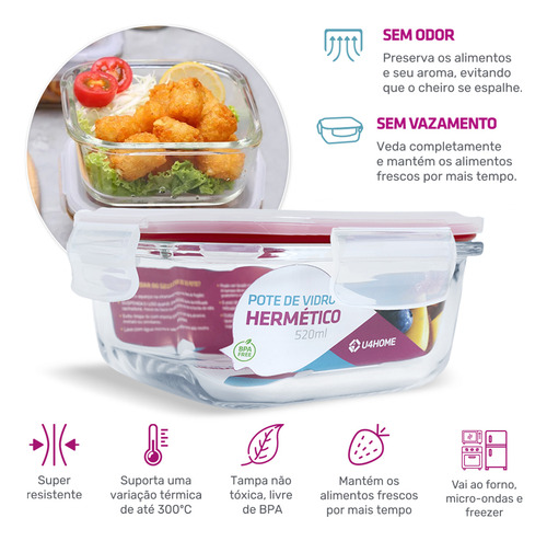 Kit 2 Potes De Vidro Quadrado Com Tampa Hermética 520ml Cor Vermelho U4home