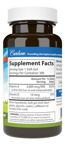 Carlson Vitaminas A Y D 10000 Ui Y 400 Ui 300 Cápsulas