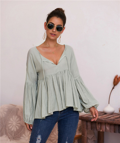 Blusa Con Cuello En V De Color Liso Y Mangas Abullonadas