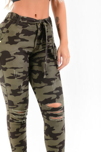 Imagem 7 de 8 de Calça Jeans Feminina Camuflada Verde Militar Cintura Alta