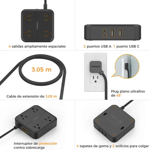 An Enchufe Plano Ultrafino Power Strip De 3 M, 4 Salidas, 1