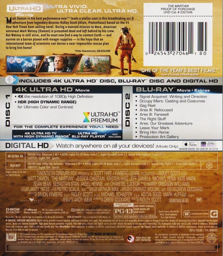 Mision Rescate The Martian Pelicula 4k Ultra Hd + Blu-ray (Usado)