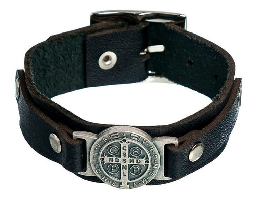 Imagem 1 de 4 de Pulseira Em Couro Medalha De São Bento Preta