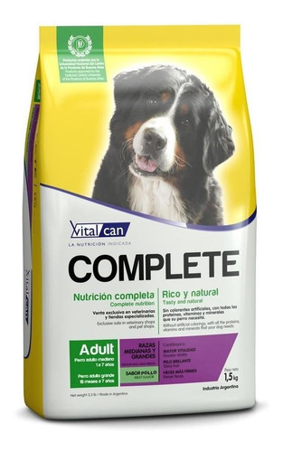 Alimento Vitalcan Complete para perro adulto de raza mediana y grande sabor pollo en bolsa de 1.5 kg