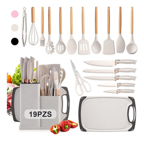 Utensilios De Cocina De Silicona Cuchillos Cucharas Tabla Blanco