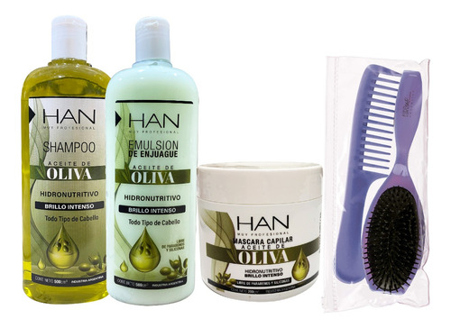 Han Shampoo + Emulsion + Mascara Oliva Antifrizz +kit Peine