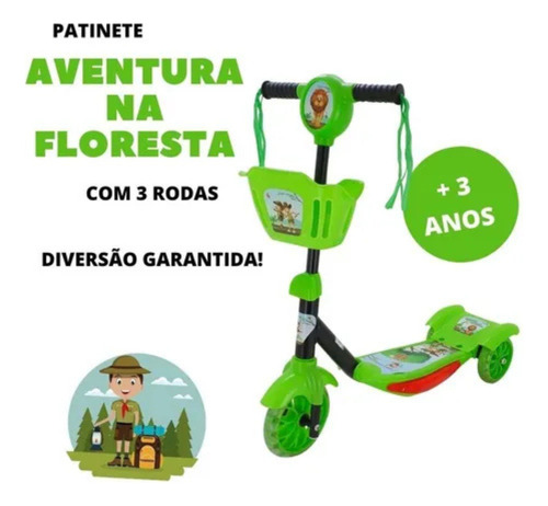 Patinete Infantil Verde 3 Rodas Com Cesta Música E Luz