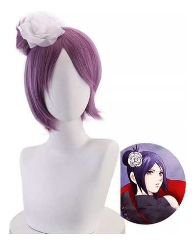 Peluca De Pelo Morado Konan Naruto Con Flores Blancas Para C