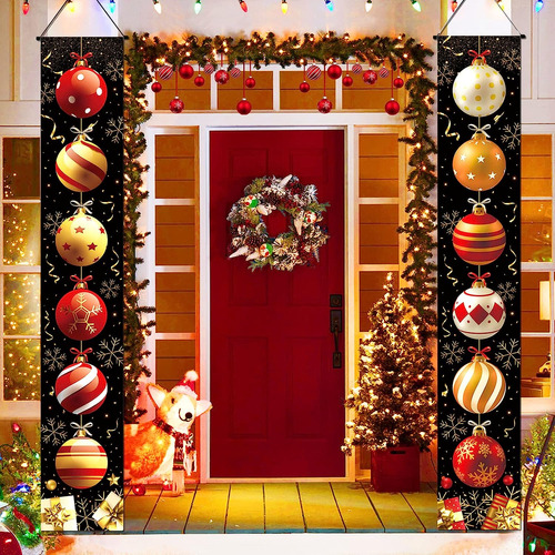 2pcs Christmas Porch Sign Door Banner Decorations, Black Red