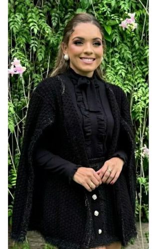 Conjunto Tricot Blazer Capa E Saia Luxo Preto