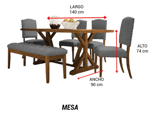 Mueble Comedor Gravity Lino Gris 1 Mesa + 4 Sillas+1 Banca