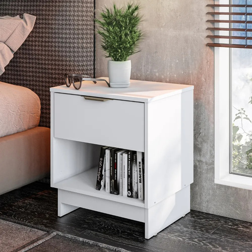 Mesa De Luz Carraro Amplia 1 Cajon Mdp Con Guias Metalicas Brillante Blanco