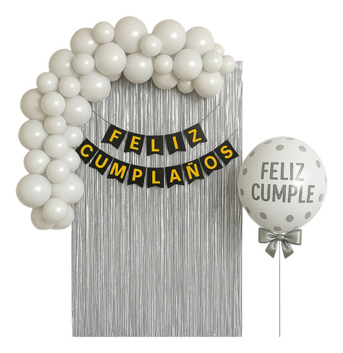Set De Globos Decoracion Feliz Cumpleaños Cortina Banderin Negro Cumpleaños