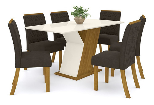 Conj Sala Jantar Mesa 160cm Tamp Mdf 6 Cadeira Zuri Casa 812 Cor Nature com Off White e Marrom Desenho do tecido das cadeiras Liso