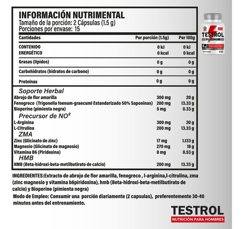 Testrol Platinum - Potenciador Natural Masculino - 30 Caps Sabor Sin sabor