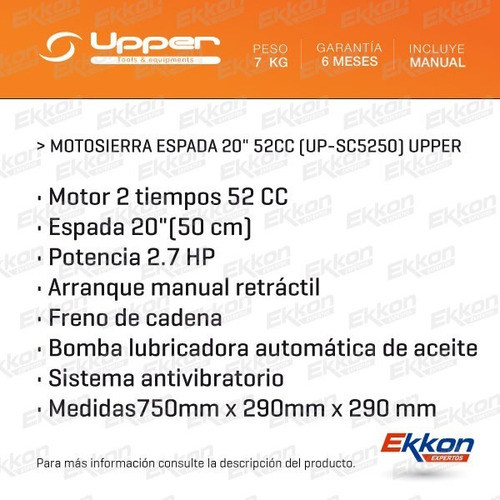 Imagen 2 de 8 de Motosierra Upper 52 Cc Espada 20 + Aceite Cadena + Aceite 2t