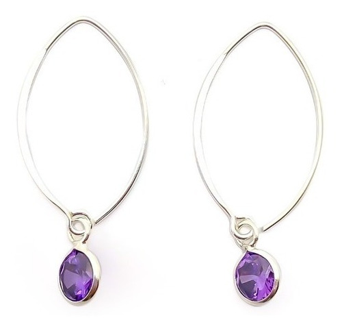 Aros Circón Redondo Morado Gancho Grande Plata Fina 925