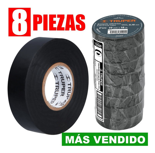 Cinta De Aislar 18m X 19mm, Negra (8 Piezas), Truper 12500