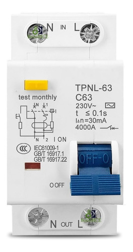 Disjuntor Tomzn Tpnl-63 Dr Bipolar Fuga Diferencial Residual 2p 63a 30ma